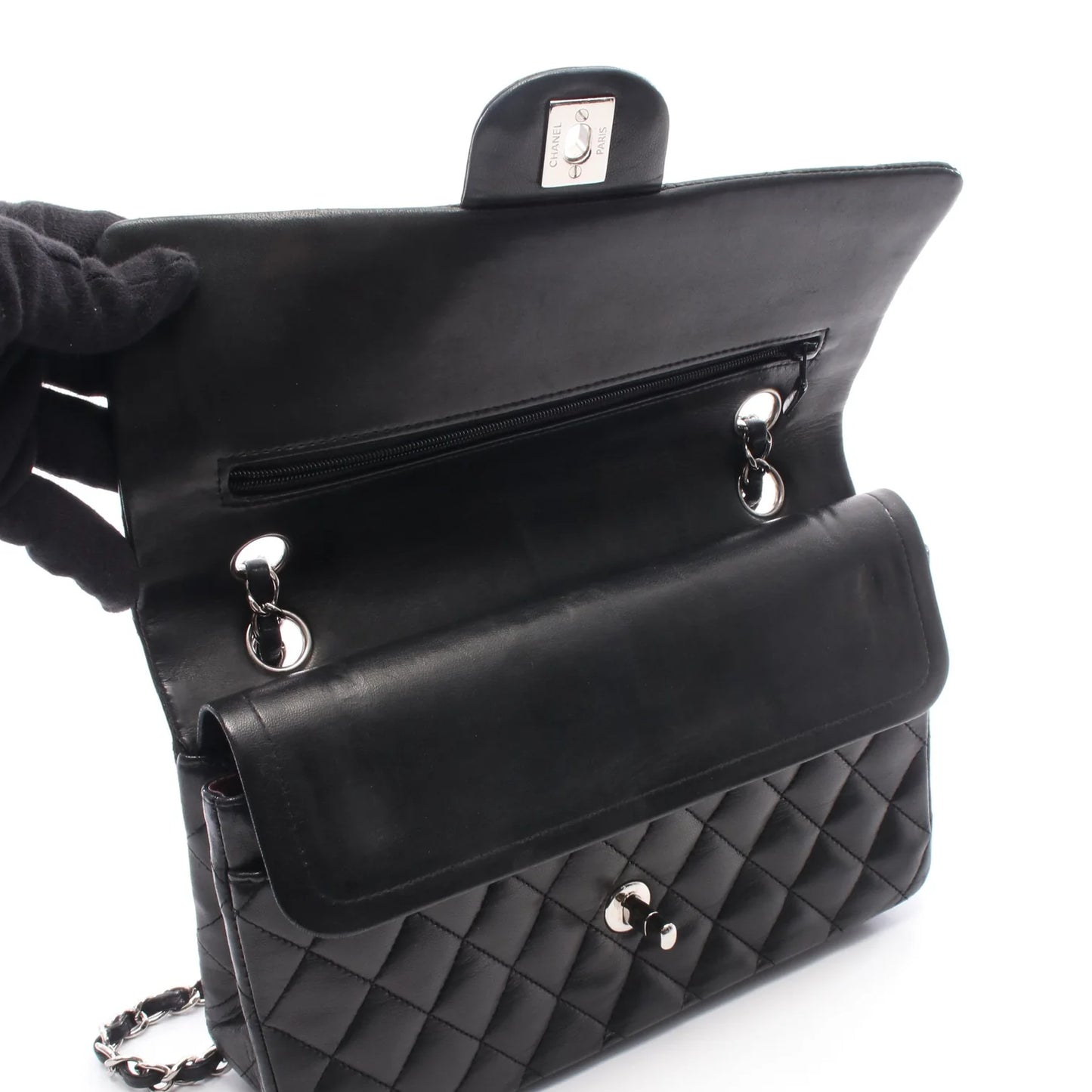 Chanel Classic flap Bag Vintage Medium Lambskin Black Silver Hardware