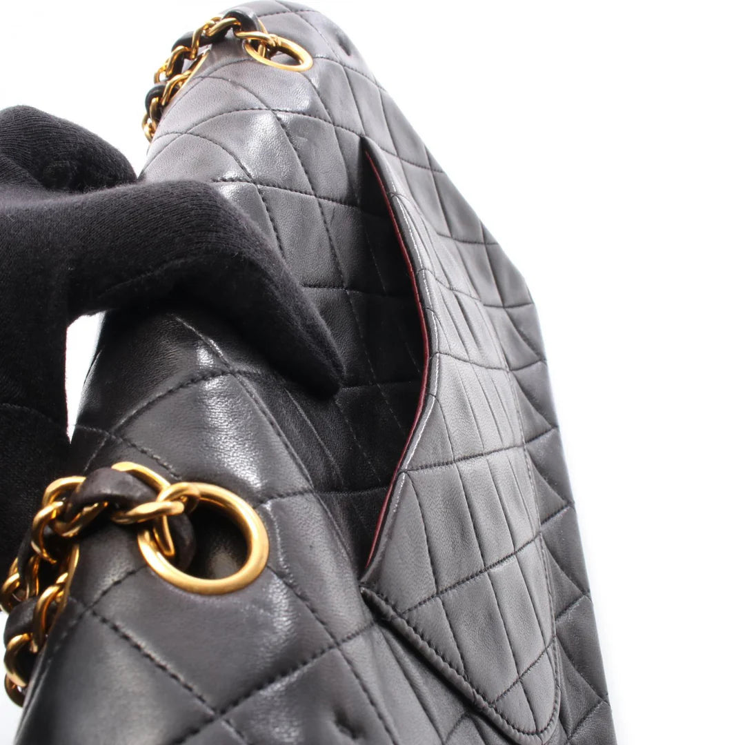 Chanel Classic Flap Bag Vintage Medium Lambskin Black Gold Hardware