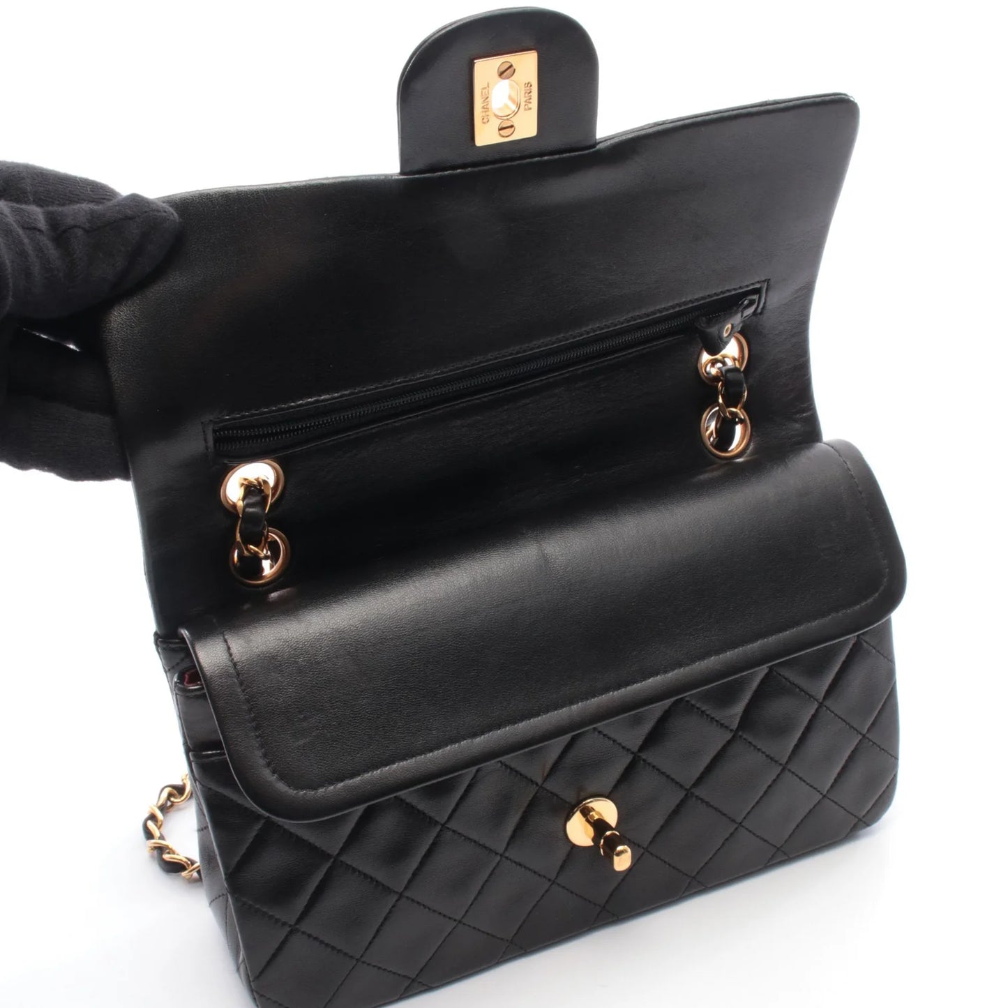 Chanel Classic Flap Bag Vintage Small Lambskin Black Gold Hardware
