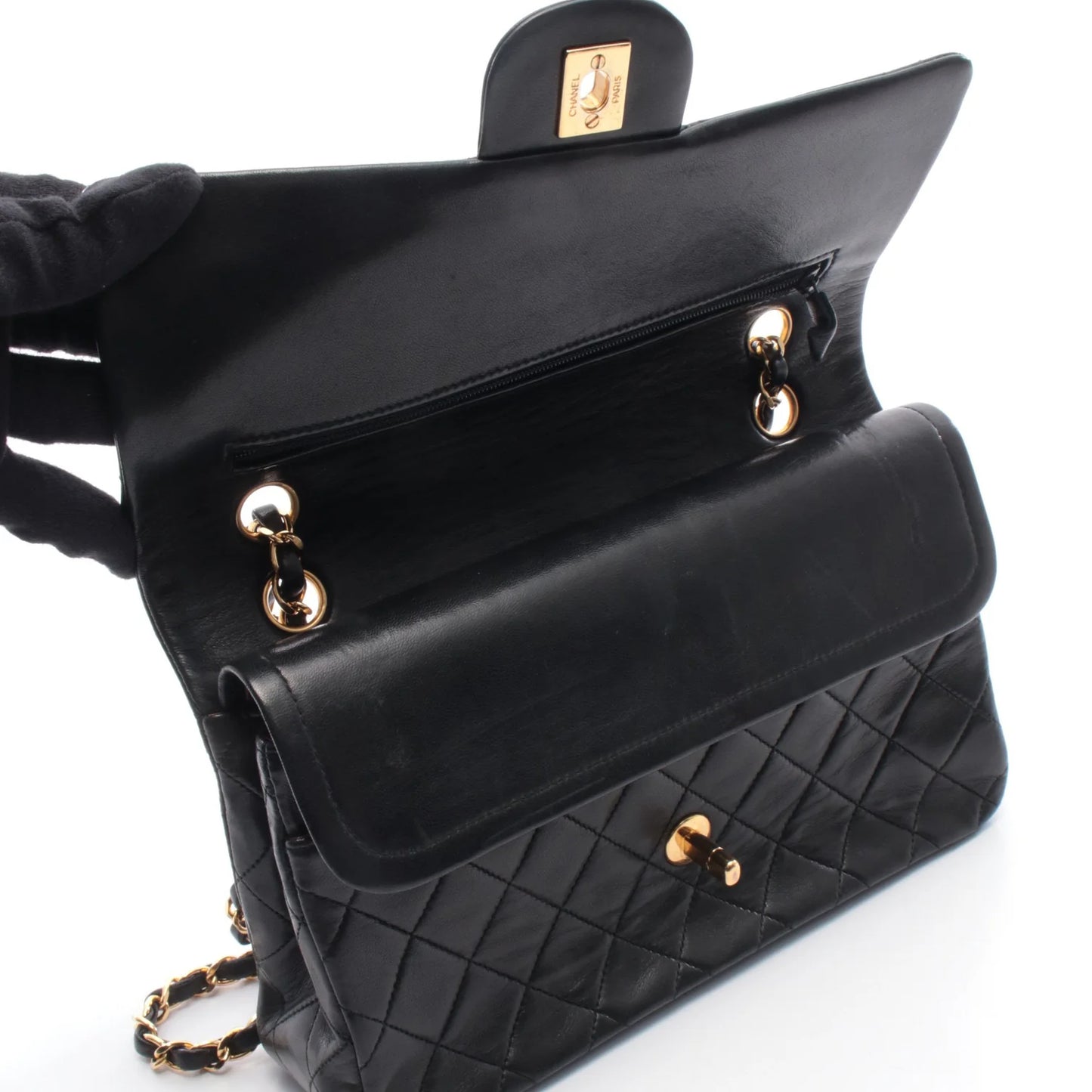 Chanel Classic Flap Bag Vintage Medium Lambskin Black Gold Hardware