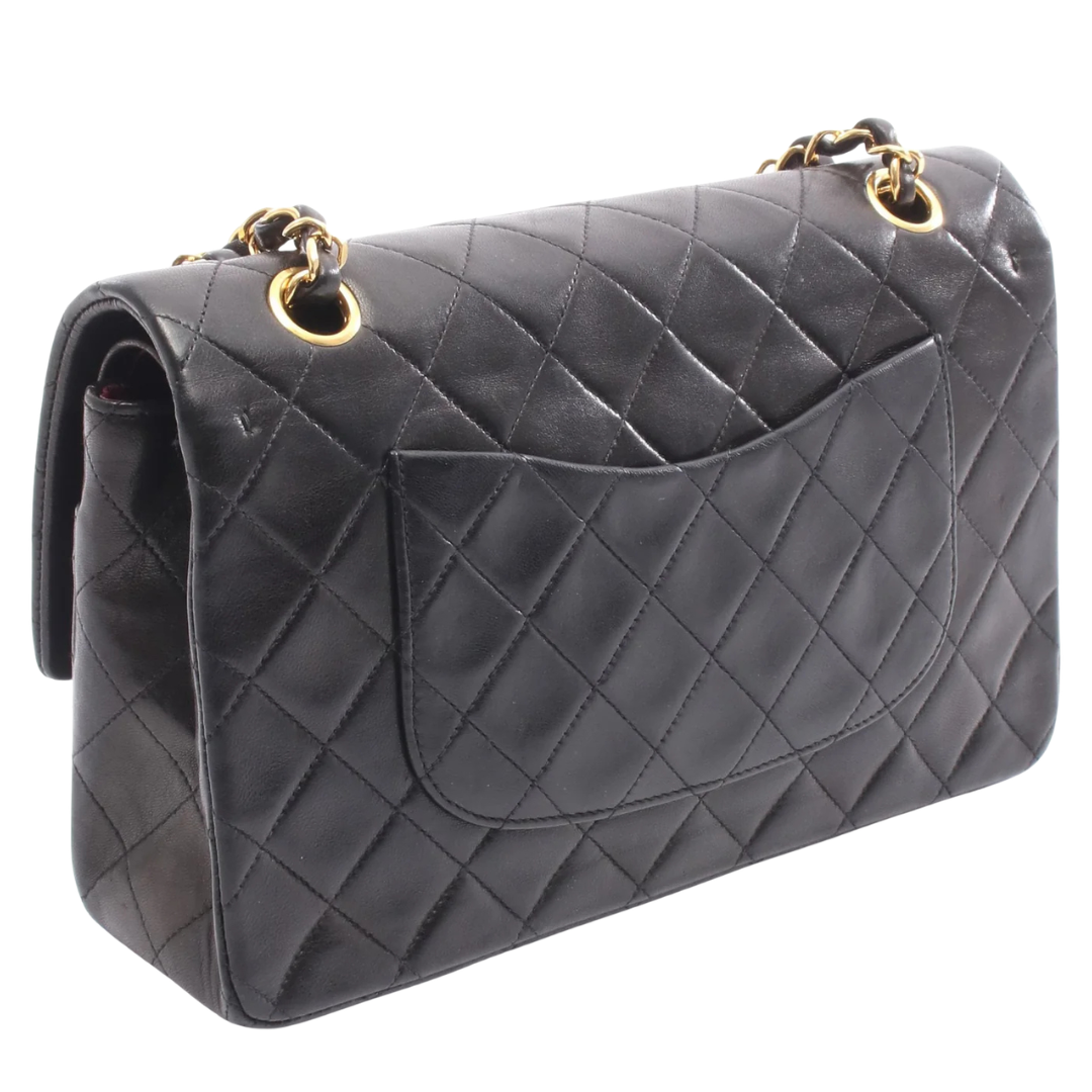 Chanel Classic Flap Bag Vintage Medium Lambskin Black Gold Hardware