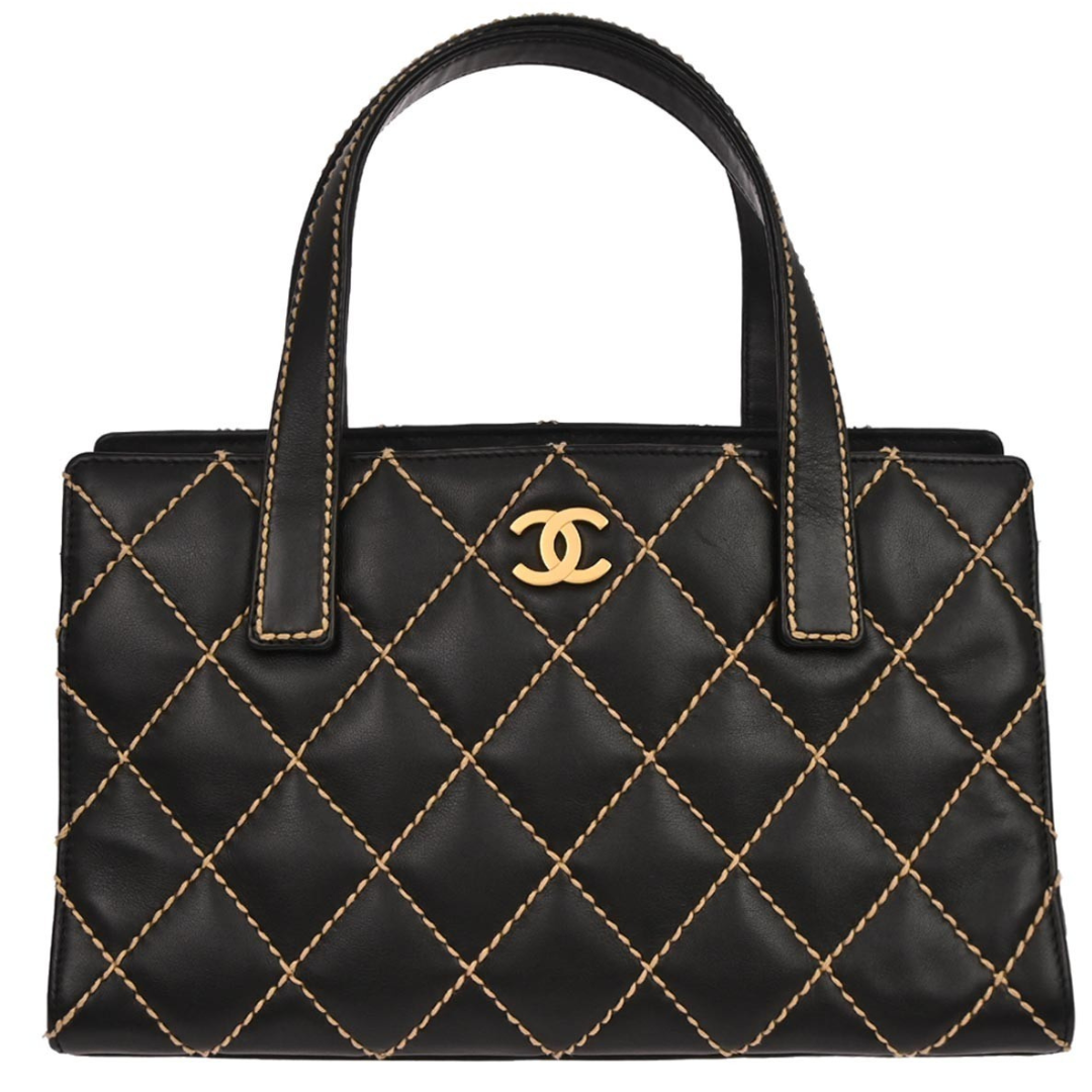 Chanel Surpique Tote Quilted Leather Vintage Bag Black Gold Hardware Medium
