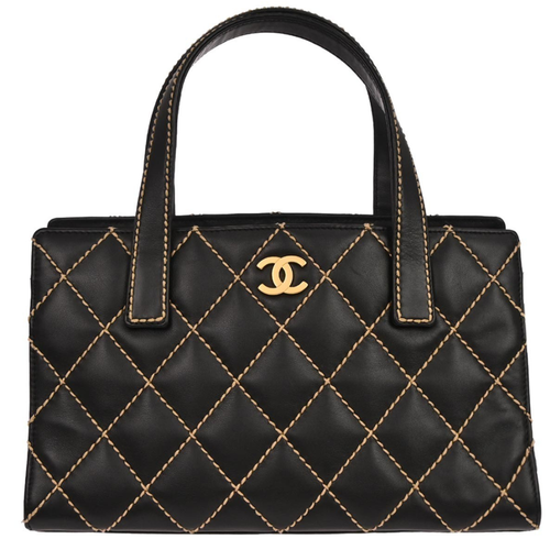Chanel Surpique Tote Quilted Leather Vintage Bag Black Gold Hardware Medium