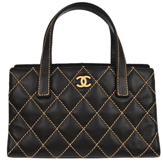 Chanel Surpique Tote Quilted Leather Vintage Bag Black Gold Hardware Medium