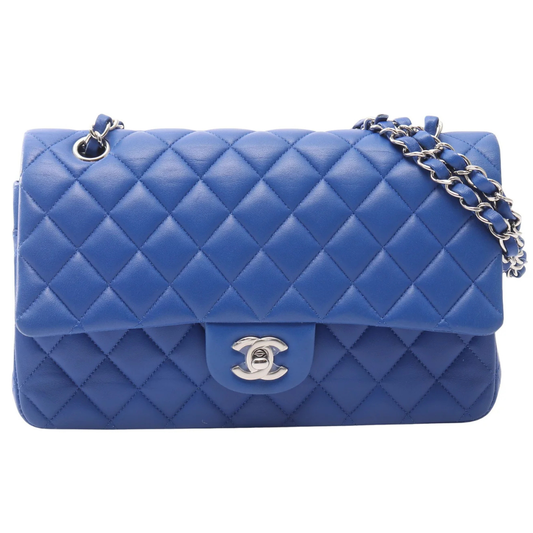 Chanel Classic Flap Bag Vintage Medium Lambskin Blue Silver Hardware