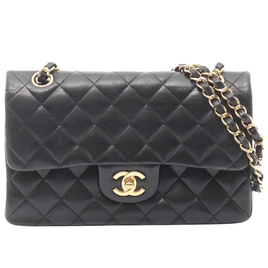 Chanel Classic Flap Bag Vintage Small Lambskin Black Gold Hardware
