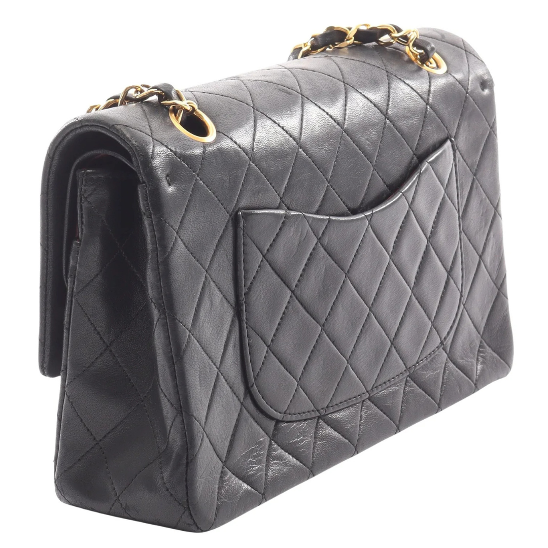 Chanel Classic Flap Bag Vintage Medium Lambskin Black Gold Hardware