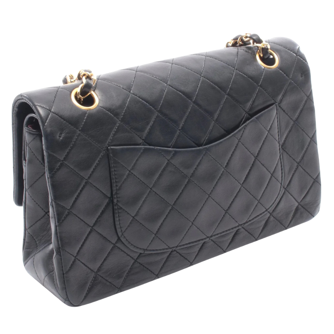 Chanel Classic Flap Bag Vintage Medium Lambskin Black Gold Hardware