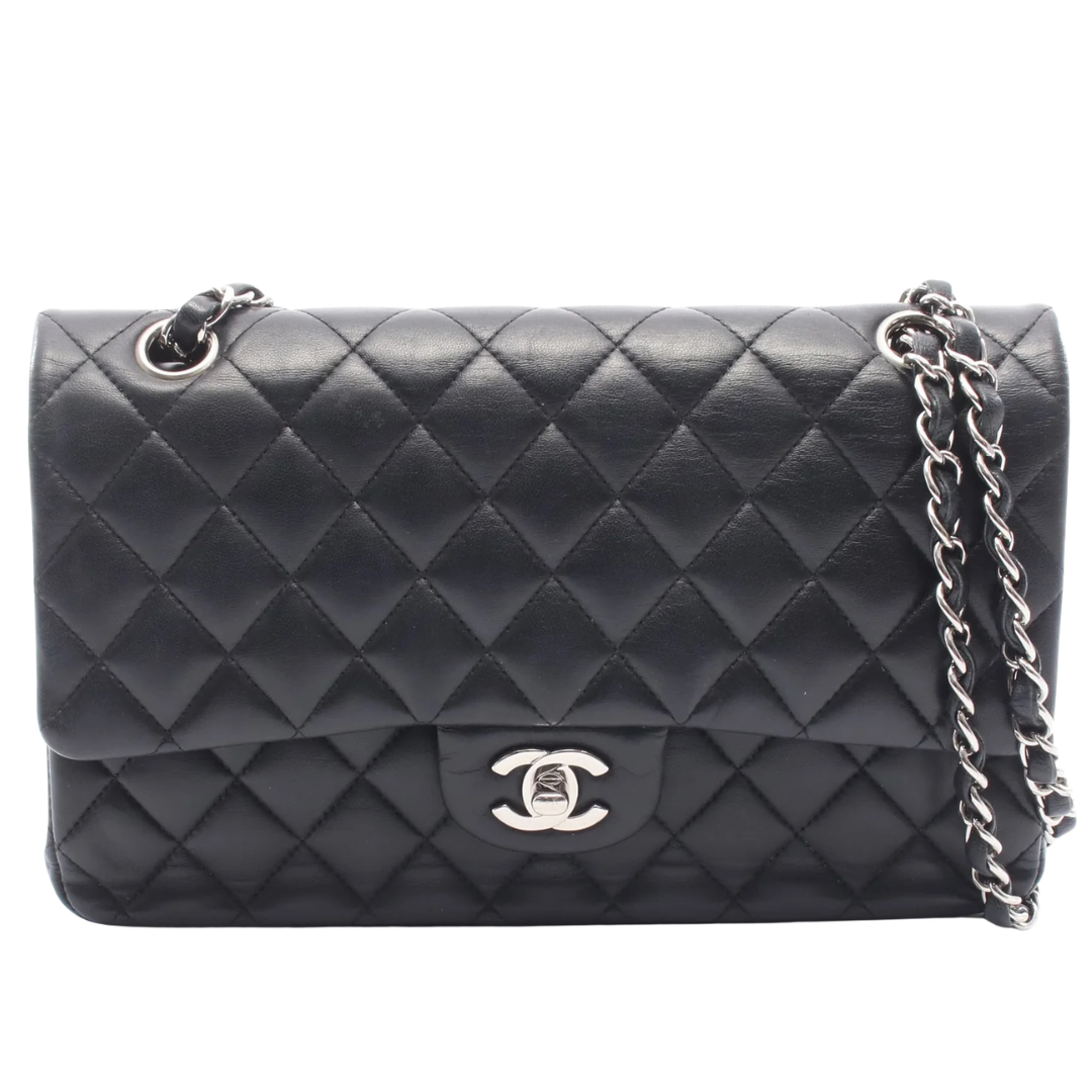 Chanel Classic Flap Bag Vintage Medium Lambskin Black Silver Hardware