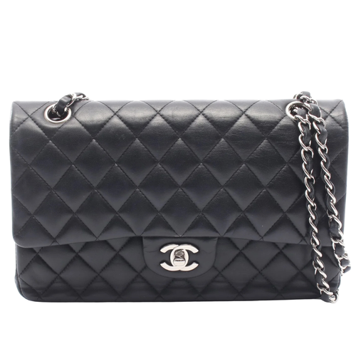 Chanel Classic Flap Bag Vintage Medium Lambskin Black Silver Hardware