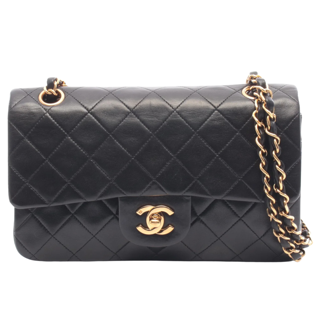 Chanel Classic Flap Bag Vintage Small Lambskin Black Gold Hardware
