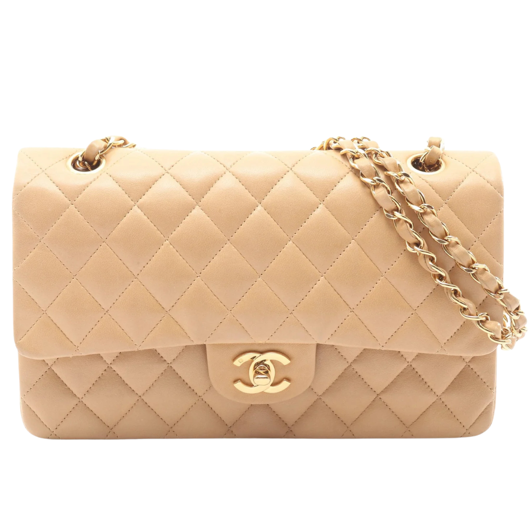 Chanel Classic Flap Bag Vintage Medium Lambskin Beige Gold Hardware