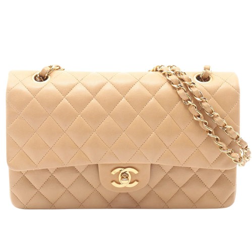 Chanel Classic Flap Bag Vintage Medium Lambskin Beige Gold Hardware