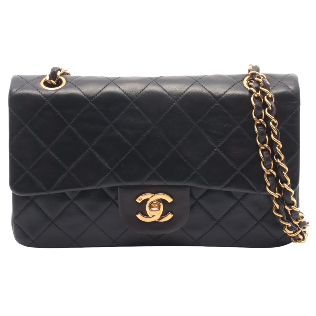 Chanel Classic Flap Bag Vintage Small Lambskin Black Gold Hardware