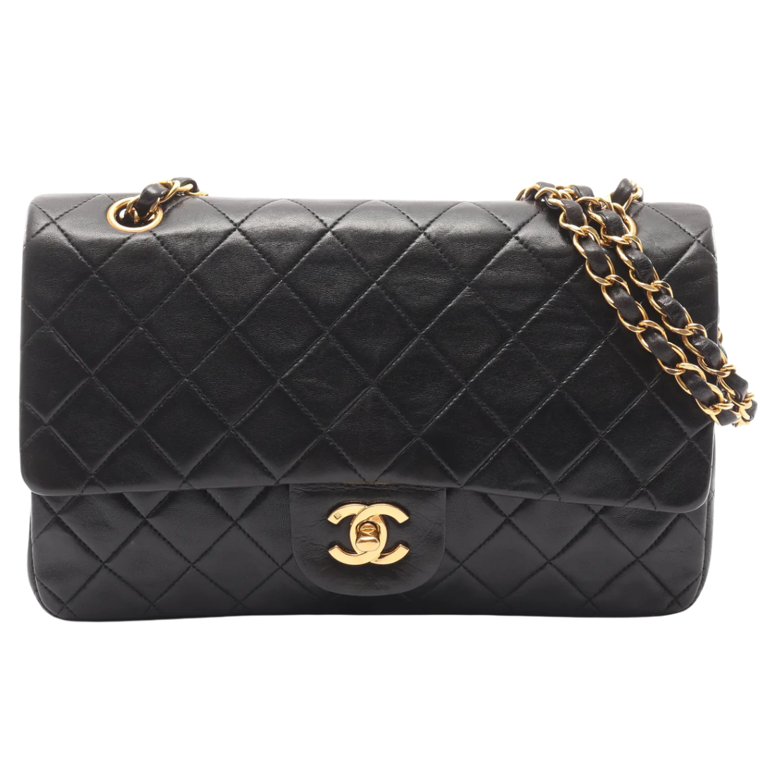 Chanel Classic Flap Bag Vintage Medium Lambskin Black Gold Hardware