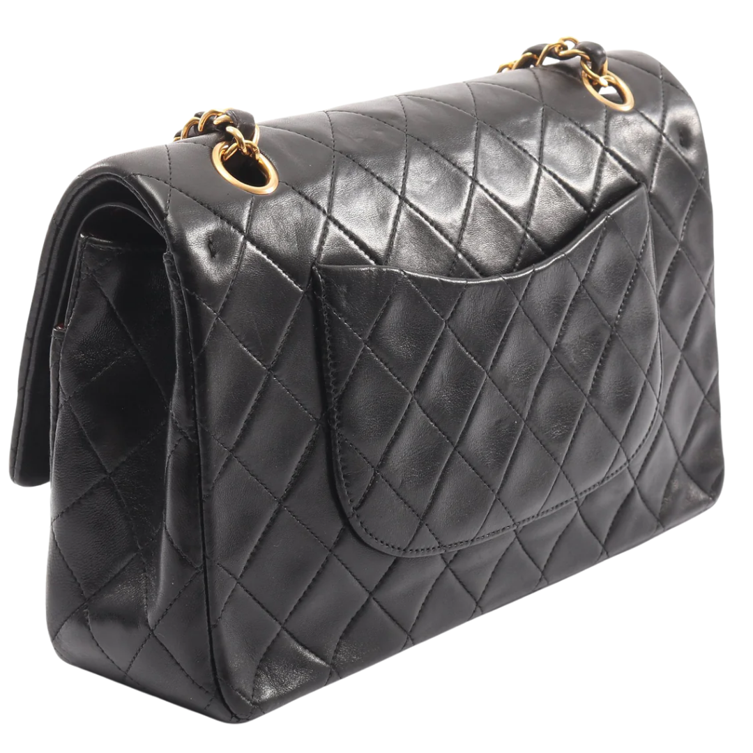 Chanel Classic Flap Bag Vintage Medium Lambskin Black Gold Hardware