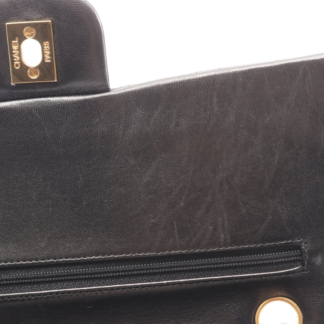 Chanel Classic Flap Bag Vintage Medium Lambskin Black Gold Hardware