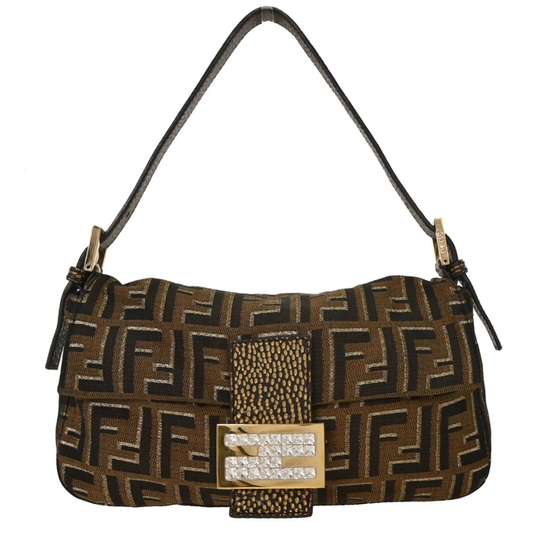 Fendi Zucca Baguette Vintage Bag Brown Black Embroidered Leather
