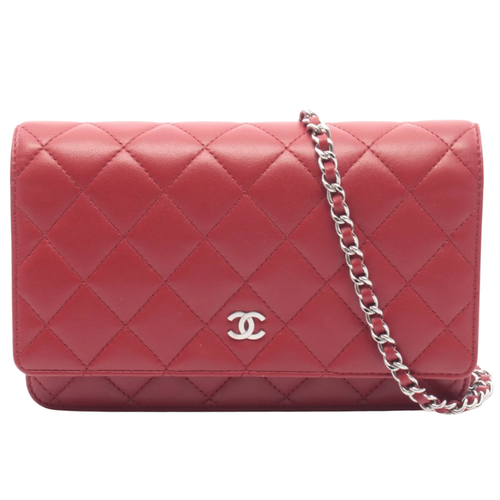 Chanel Wallet On Chain Vintage Bag Lambskin Red Silver Hardware