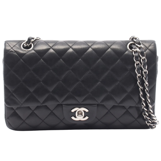 Chanel Classic flap Bag Vintage Medium Lambskin Black Silver Hardware